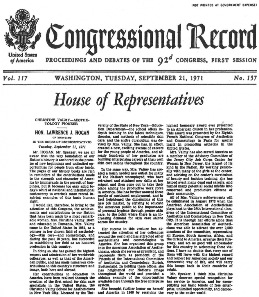 Congressional record praising Christine Valmy for pioneering the skin care industry in the United States.