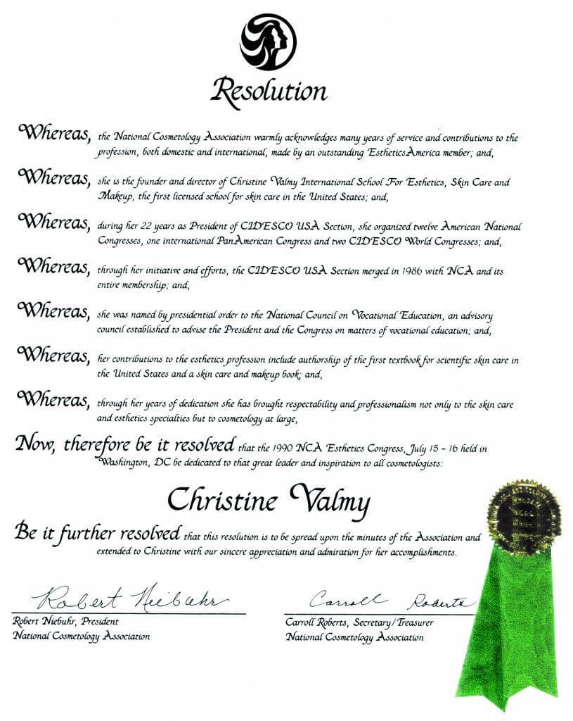 Resolution from the National Cosmetology Association dedicating the 1990 NCA Esthetics Conference to Christine Valmy for her advancements in the beauty industry and profession