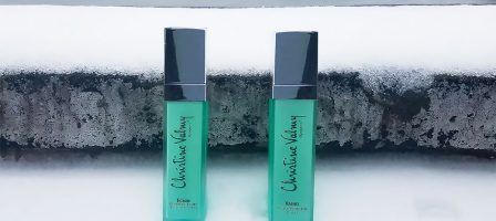 Christine Valmy Daytime Protection Lotions, Valnel and Ecran, in the snow in front of the NYC skyline