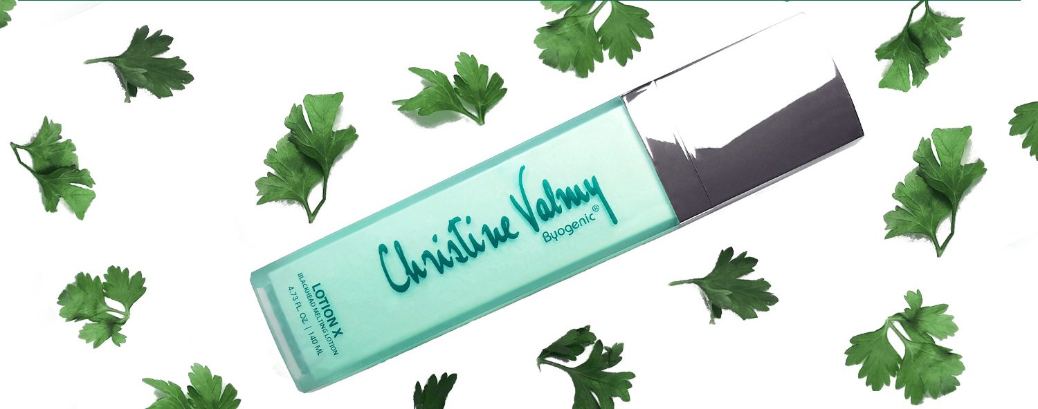 Christine Valmy All-Natural Lotion X Blackhead Softening Serum surrounded by ingredient, parsley
